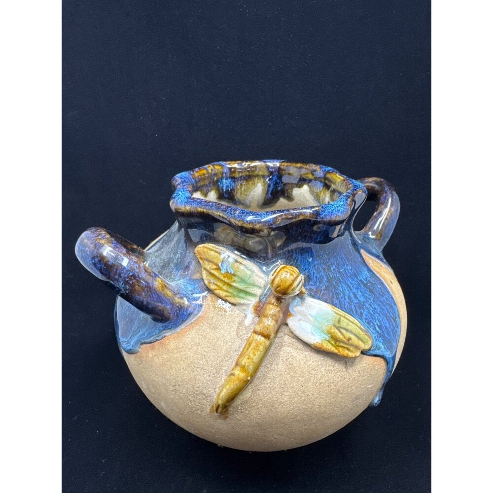 Vintage Art Pottery Vase Blue Drip Glaze w/ Dragonfly Design Handles Home Decor